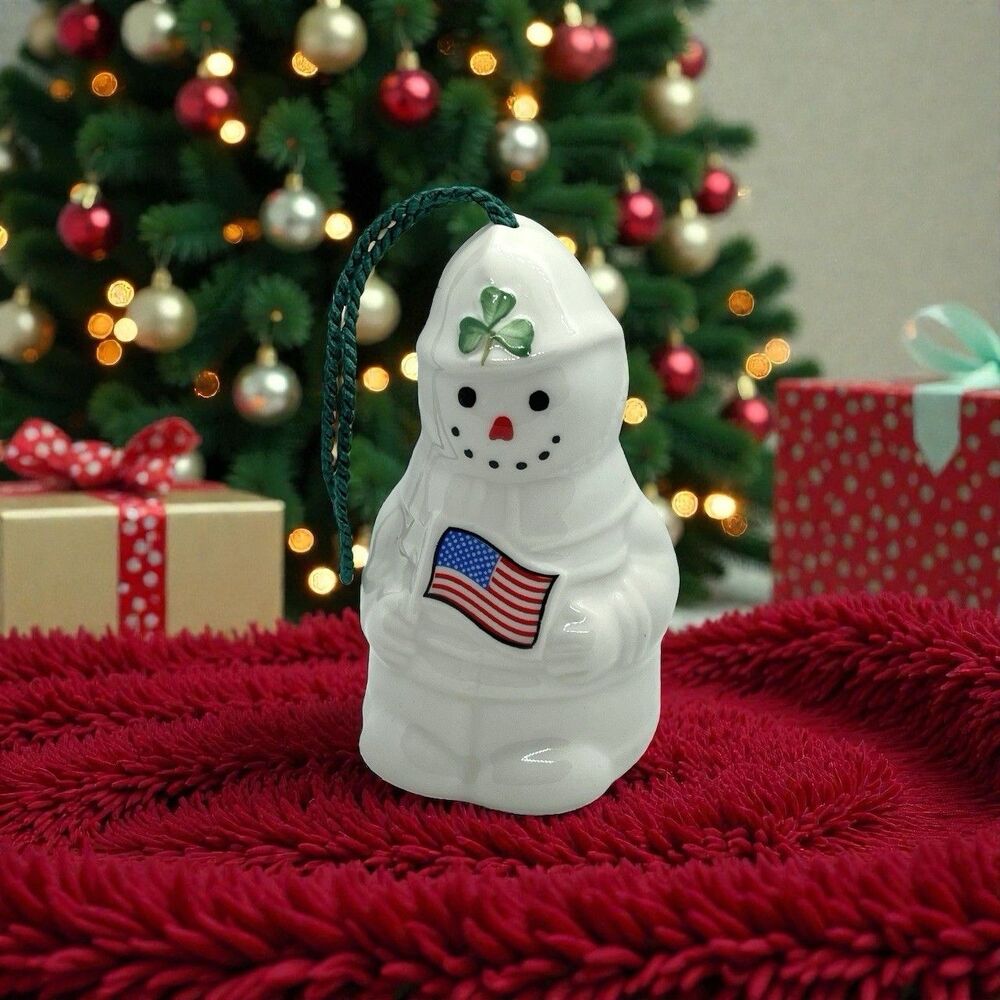 Belleek Ireland Shamrock SNOWMAN FIREFIGHTER Holding USA FLAG Xmas Bell Ornament